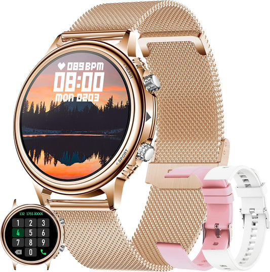 Smartwatch Dames met Bellen/Kiezen via Bluetooth, Smart Watch voor Dames, Slaapmonitor Menstruatie volgen, Calorie Stappenteller Stopwatch Smart Activity-Armband voor Android iOS (Goud)