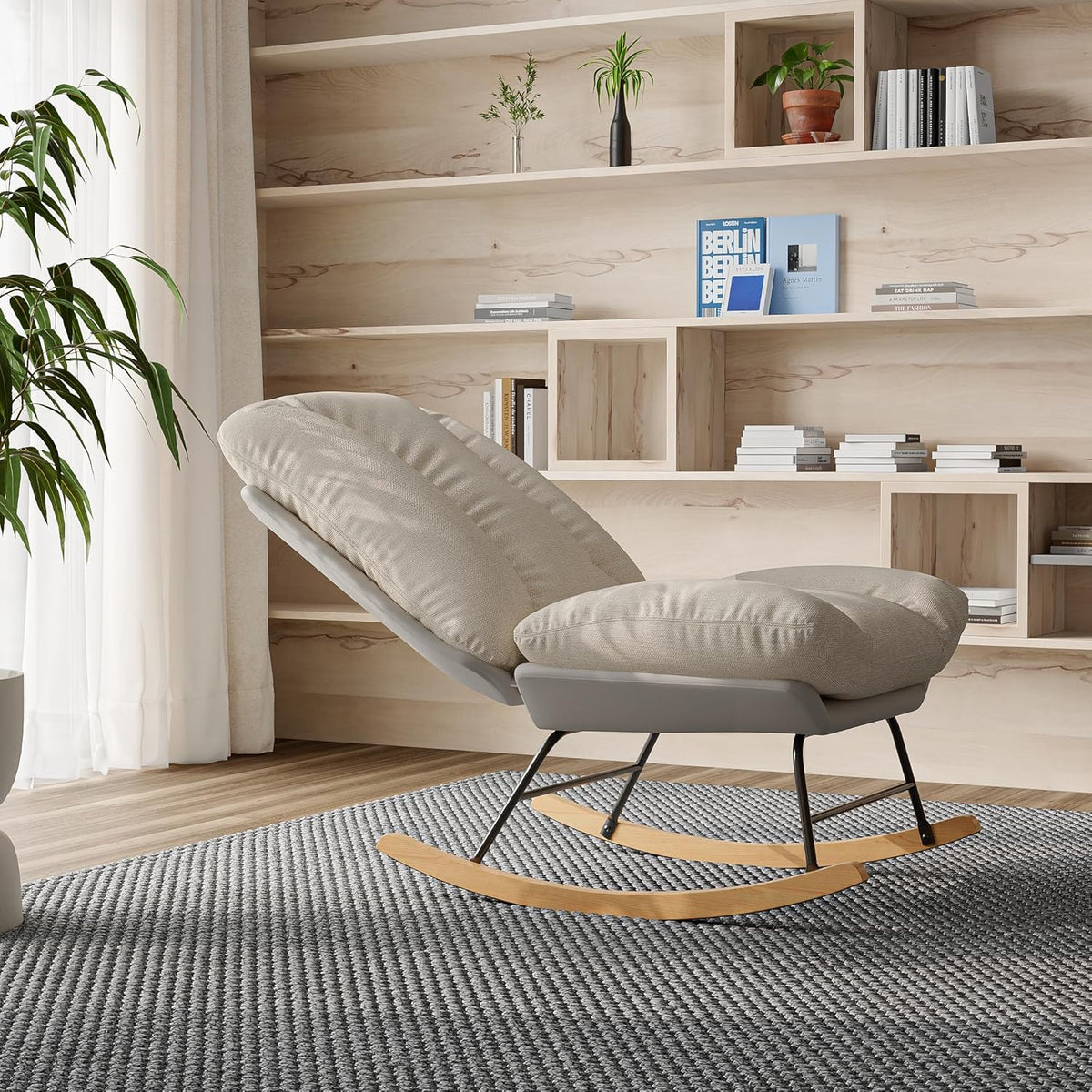 Elegant High Back Rocking Chair Living Room Chair Accent Chair Bedroom Armchair Rocking Chair Relax Chair for Living Room Office (Five Speed Setting