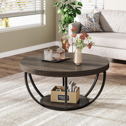 Tribesigns Round Coffee Table, 80.5cm Wooden 2-Tier Circle Coffee Table with Storage Shelves, Modern Accent Cocktail Table Center Table for Living Room, Grey