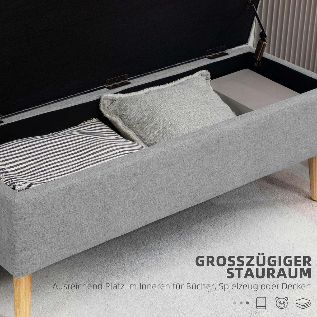 HOMCOM Sofa Sofa Upholstered Sofa with Storage Space Sofa Bed Linen Look for Hallway, Bedroom, Living Room, Rubber Wood, Grey, 110 x 39 x 45 cm - QUORE