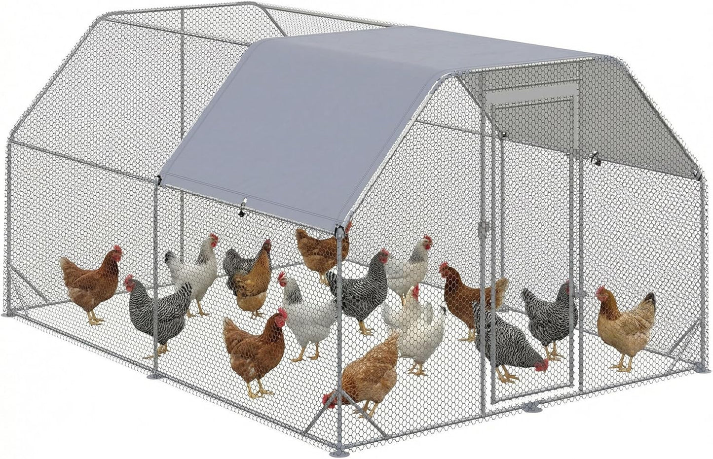 PawHut Chicken Coop with Run, 280 x 380 x 195 cm Chicken Cage with Door, Chicken Coop with Water Resistant Sunroof, Poultry House for 10-12 Chickens, Oxford, Silver - QUORE