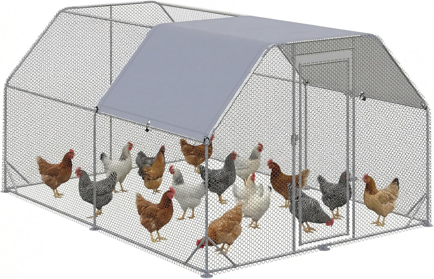 PawHut Chicken Coop with Run, 280 x 380 x 195 cm Chicken Cage with Door, Chicken Coop with Water Resistant Sunroof, Poultry House for 10-12 Chickens, Oxford, Silver - QUORE