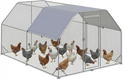 PawHut Chicken Coop with Run, 280 x 380 x 195 cm Chicken Cage with Door, Chicken Coop with Water Resistant Sunroof, Poultry House for 10-12 Chickens, Oxford, Silver - QUORE
