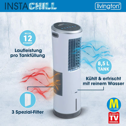 Livington InstaChill - Aircooler met waterkoeling - 3 niveaus - krachtige maxi-tower-luchtkoeler met 8,5L tankvolume voor 12 uur koelen