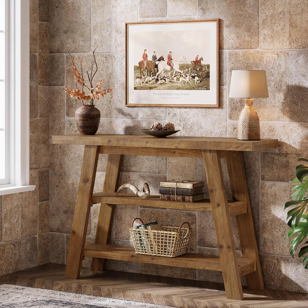 Solid Wood Console Table, 120 cm Long Country Entrance Table with 3-Stage Shelves, Rectangular Sofa Tables Behind Sofa, Narrow Accent Tables for Hallway, Entrance, Foyer, Living Room (Brown)