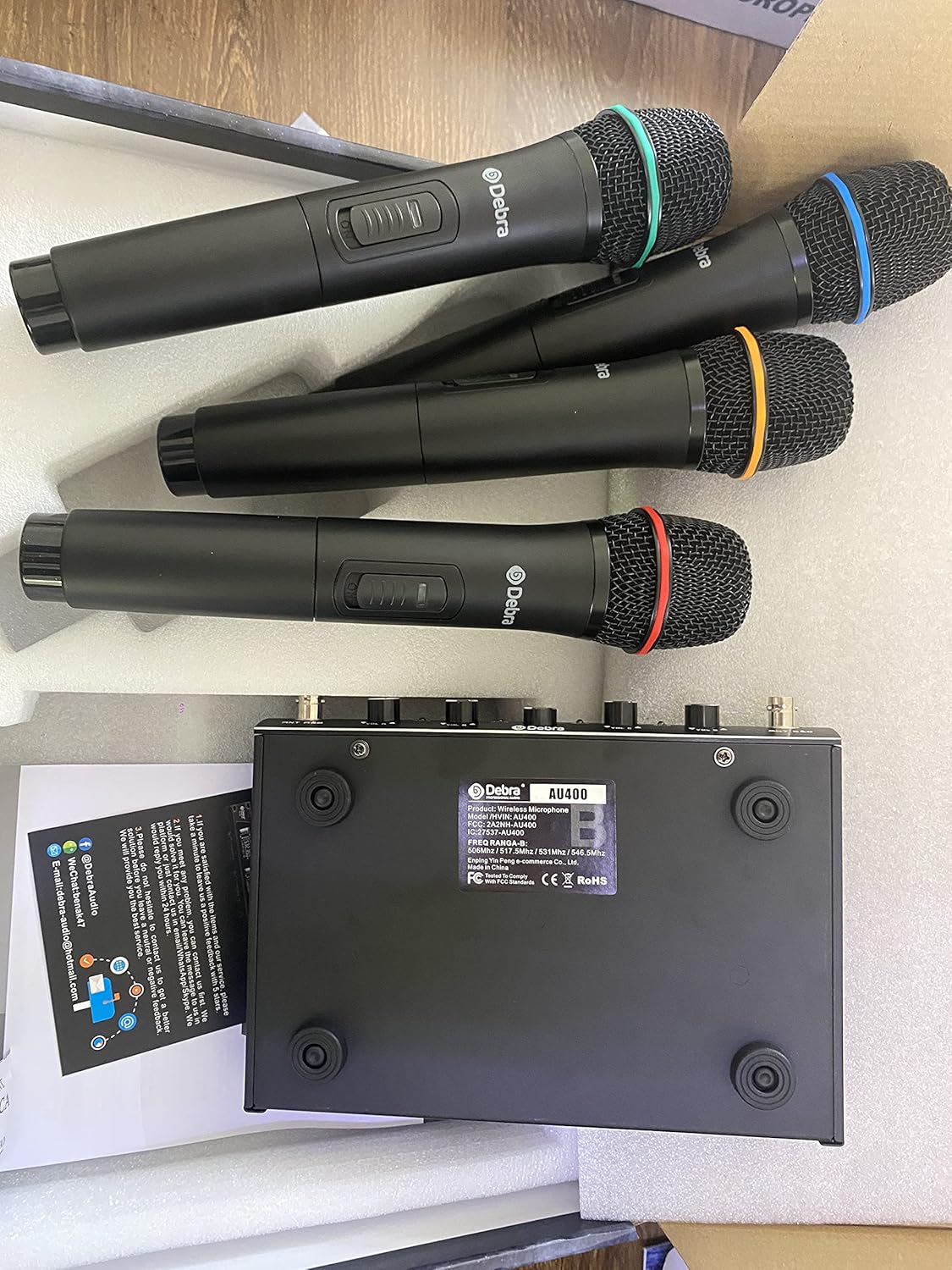 Debra Audio Pro UHF Draadloos 4-Kanaals Microfoonset met Handheld Mics, Metalen Ontvanger voor Karaoke en Kerk (B-frequentie)