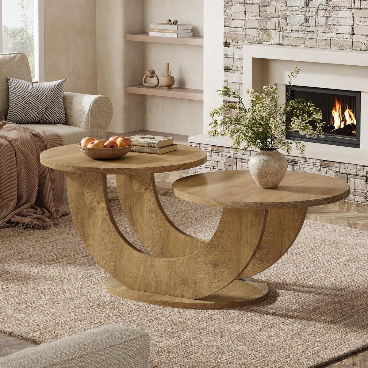 Tribesigns Round Side Table, 118cm, Modern Living Room Coffee Table with Funky U-Shaped Frame, Low Accent Tea Table for Home, Home, Oak