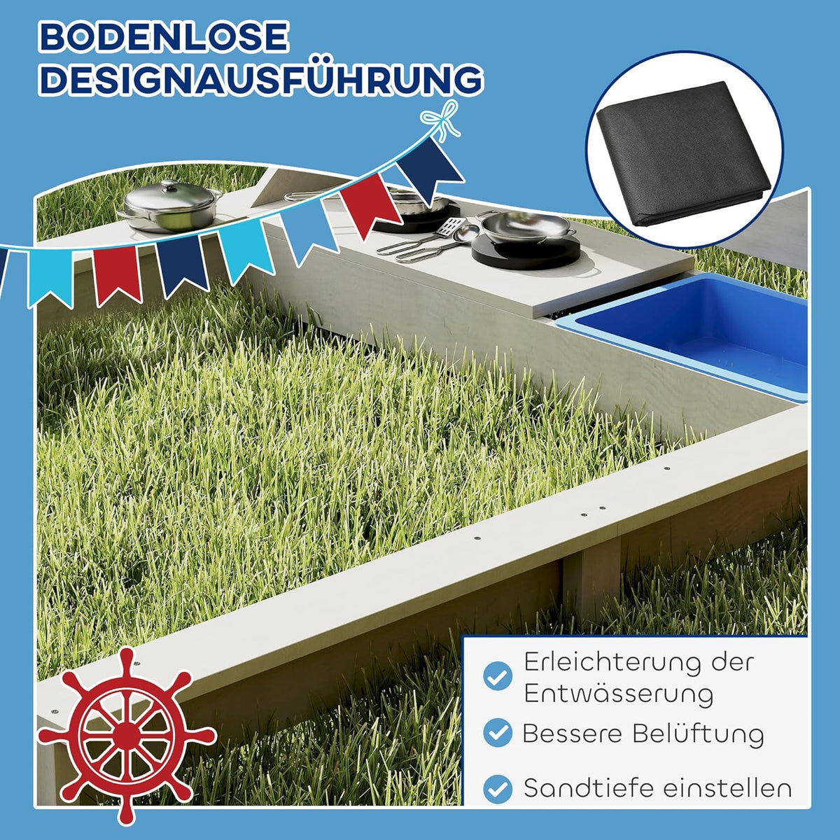 Outsunny Sandkasten Sandkiste groß mit Abdeckung im Schiff Design Matschekiste aus Holz Segelschiff Spielhaus mit Küchenspielset Aufbewahrung für Kinder 3-7 Jahre Grau 180 x 103 x 144 cm