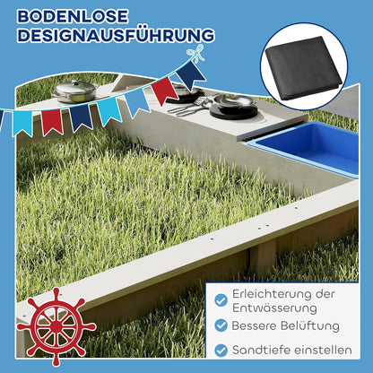 Outsunny Sandkasten Sandkiste groß mit Abdeckung im Schiff Design Matschekiste aus Holz Segelschiff Spielhaus mit Küchenspielset Aufbewahrung für Kinder 3-7 Jahre Grau 180 x 103 x 144 cm