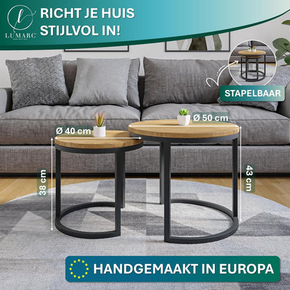Modena, Set of 2 Coffee Tables, Solid Natural Oak and Steel, Handmade in Europe, Side Table, Coffee Table, Coffee Table, Black, Round, Ø50x43 cm Ø40x38 cm - QUORE