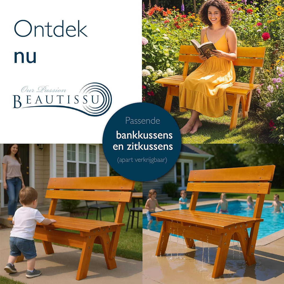 Beautissu Houten Tuinbank Weerbestendig 3 Personen 150 cm breed – Massief Hout Gelakt – Duurzaam Robuust Tuinbank Hout voor Balkon Terras Serre of Tuin – GR