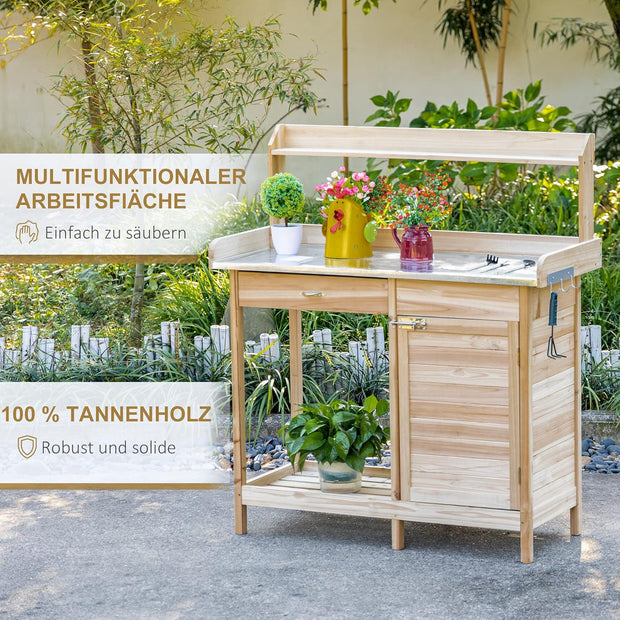 Oppottafel - Tuinwerktafel - Plantentafel -Tuinwerkbankje - met Gegalvaniseerd Werkblad - met Lade - Kast - Massief Hout - 112 x 45 x 125 cm - Natuurlijk Hout