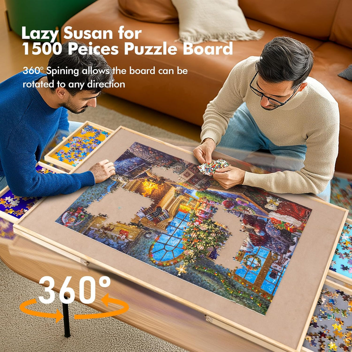 36" X 25" roterende en verstelbare puzzelbord ezel, houten legpuzzel tafel met 4 sorteerladen gekantelde hoeken antislip suède oppervlak voor maximaal 1500 stukjes puzzels met PP-hoes