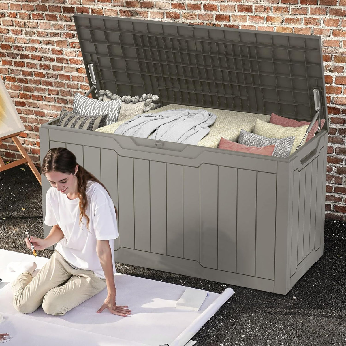 DWVO Outdoor Garden Opbergdoos|380L 115x55x58,3cm|Waterdicht||Veilig afsluitbaar|Zijdraaggrepen|All Weather Resistant|Patio Resin Deck Box voor kussens, apparatuur, schoen (Taupe)
