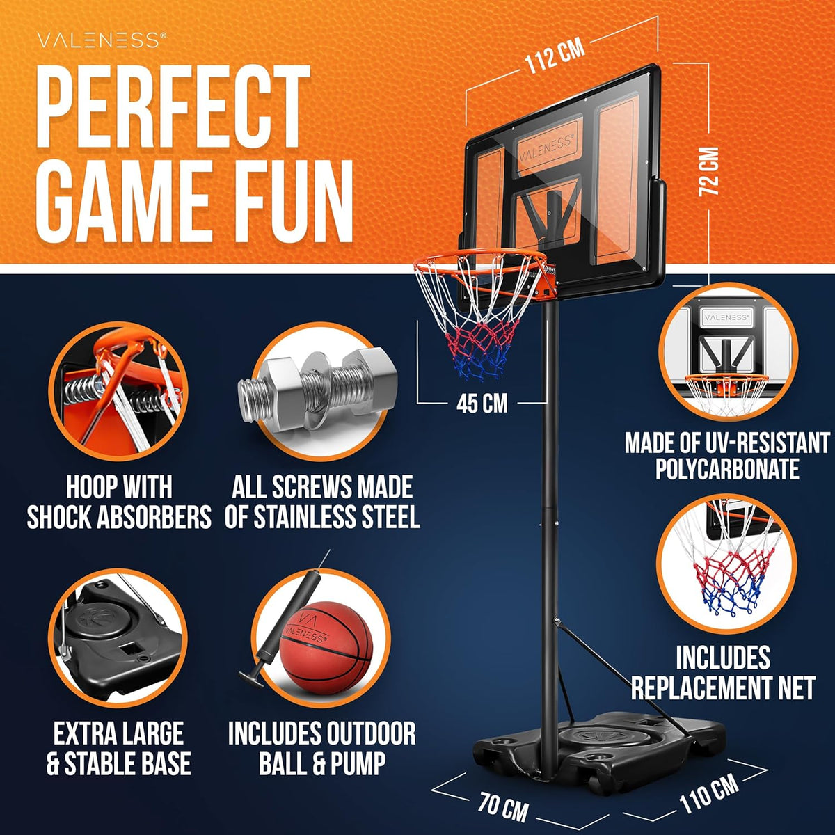 Basketball Hoop Outdoor - [135 to 305 cm] Height Adjustable and Weatherproof Basketball Stand - Professional Outdoor Basketball Hoop with Basketball and Pump for Kids and Adults - QUORE