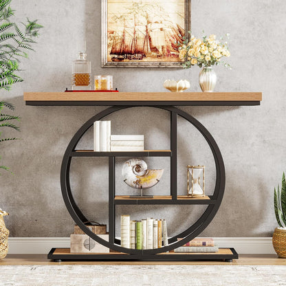 Tribesigns Console Table 105cm with 4 Levels, Narrow Industrial Sofa Table with Round Metal Frame, Wooden Entrance Table with Storage Racks for Living Room (Light Brown)