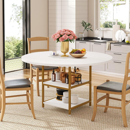 Tribesigns Round Dining Table with Shelves, 4 Persons, Round Dining Table, Kitchen Table with Wooden Top, for Dining Room, Living Room, Kitchen, White Gold