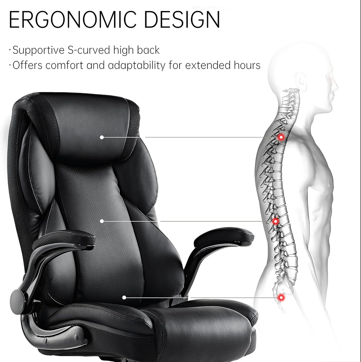 Bureaustoel – Kantoorstoel – Computerstoel – Gamestoel – Office Chair – PU-leder – 90° Opklapbare Armleuningen – Ergonomische Lendensteun