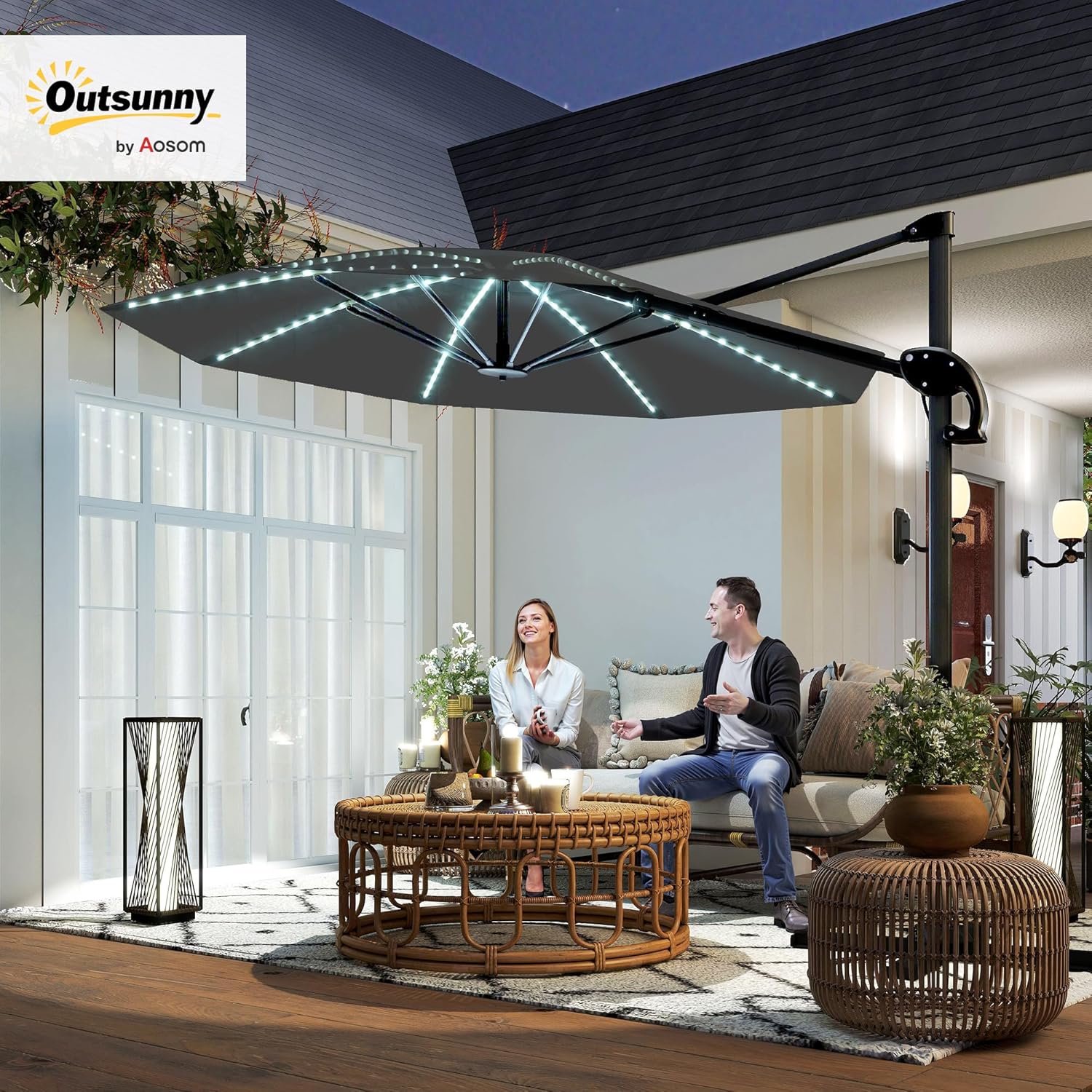 Outsunny Alu Ampelschirm LED Solar Ø300cm höhenverstellbar Sonnenschirm mit Kurbel Ständer UV50+ Wasserabweisend 360° drehbar Marktschirm neigbar Gartenschirm Sonnenschutz für Garten Balcony - QUORE