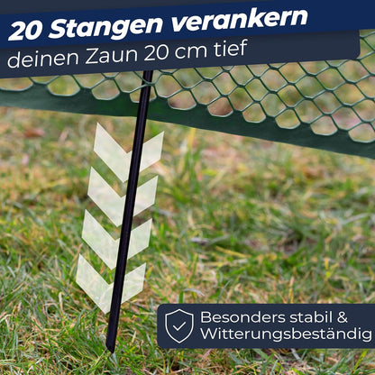 Chicken fence, 120 cm high, 25 m long, the fence for dogs or small animals is particularly tight mesh, stable - no sagging, 20 x fixings, dog fence garden - green