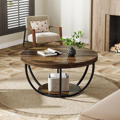 Tribesigns Round Coffee Table, Industrial 2 Tier Circle Coffee Table with Storage Shelves, Modern Wooden Accent Center Table Sofa Side Table for Living Room, Rustic Brown and Black