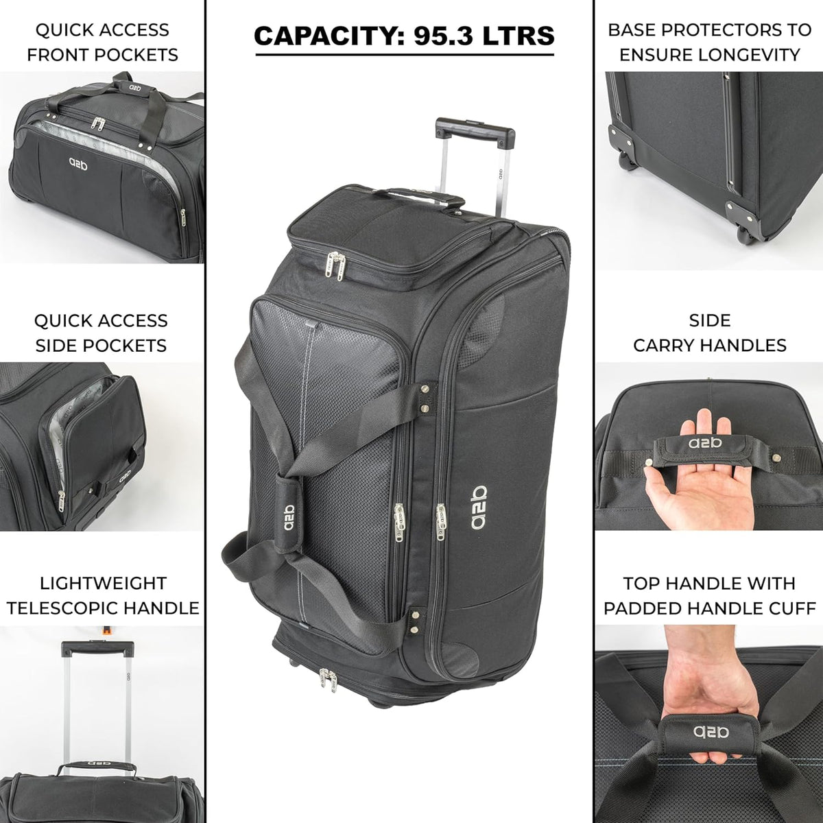 A2B Quest Lichtgewicht tas op wielen - Travel Duffle Bag met duurzame stress geteste wielen | Verstelbare riem, mesh zakken AB006, Zwart/Blauwgroen, L