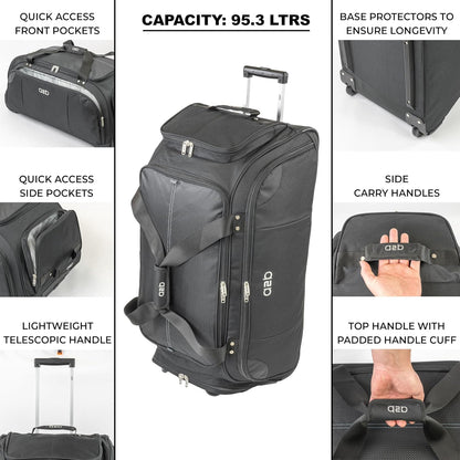A2B Quest Lichtgewicht tas op wielen - Travel Duffle Bag met duurzame stress geteste wielen | Verstelbare riem, mesh zakken AB006, Zwart/Blauwgroen, L