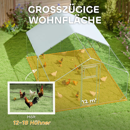 PawHut Hühnerstall Freilaufgehege aus Stahl, 300 x 400 x 195 cm Hühnerkäfig mit UV-beständiger Abdeckung, Futtertür, Hängefütterung, Sitzstange, Hühnergehege für 12-18 Hühner, Kleintiererererung - QUORE