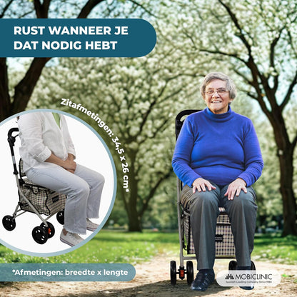 Mobiclinic®, Opvouwbare Rollator, Boodschappenkar met Zitting, Coliseum, Enkele Hendel, Staal, Grote Mand, Rugleuning en Vulling, Remsysteem, 360° Wielen (Schilderijen)