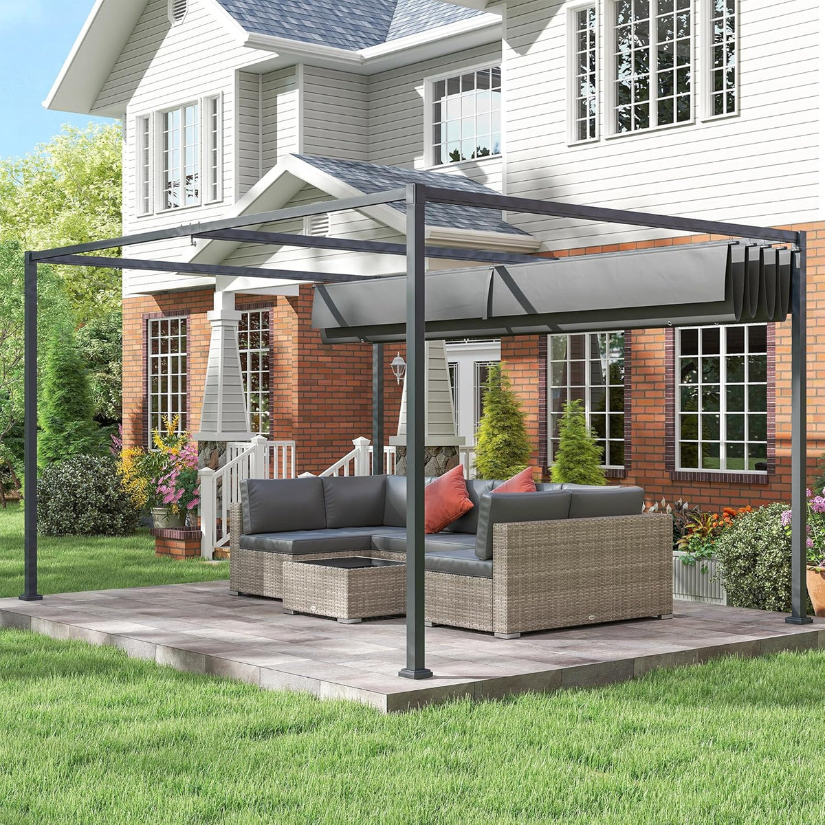 Pergola – Tuinpaviljoen – Overkapping – Terrasoverkapping – Vrijstaand – Schuifdak – Staal Met Poedercoating – Water- En UV-Bestendig Polyesterdak – 400x300x222 cm