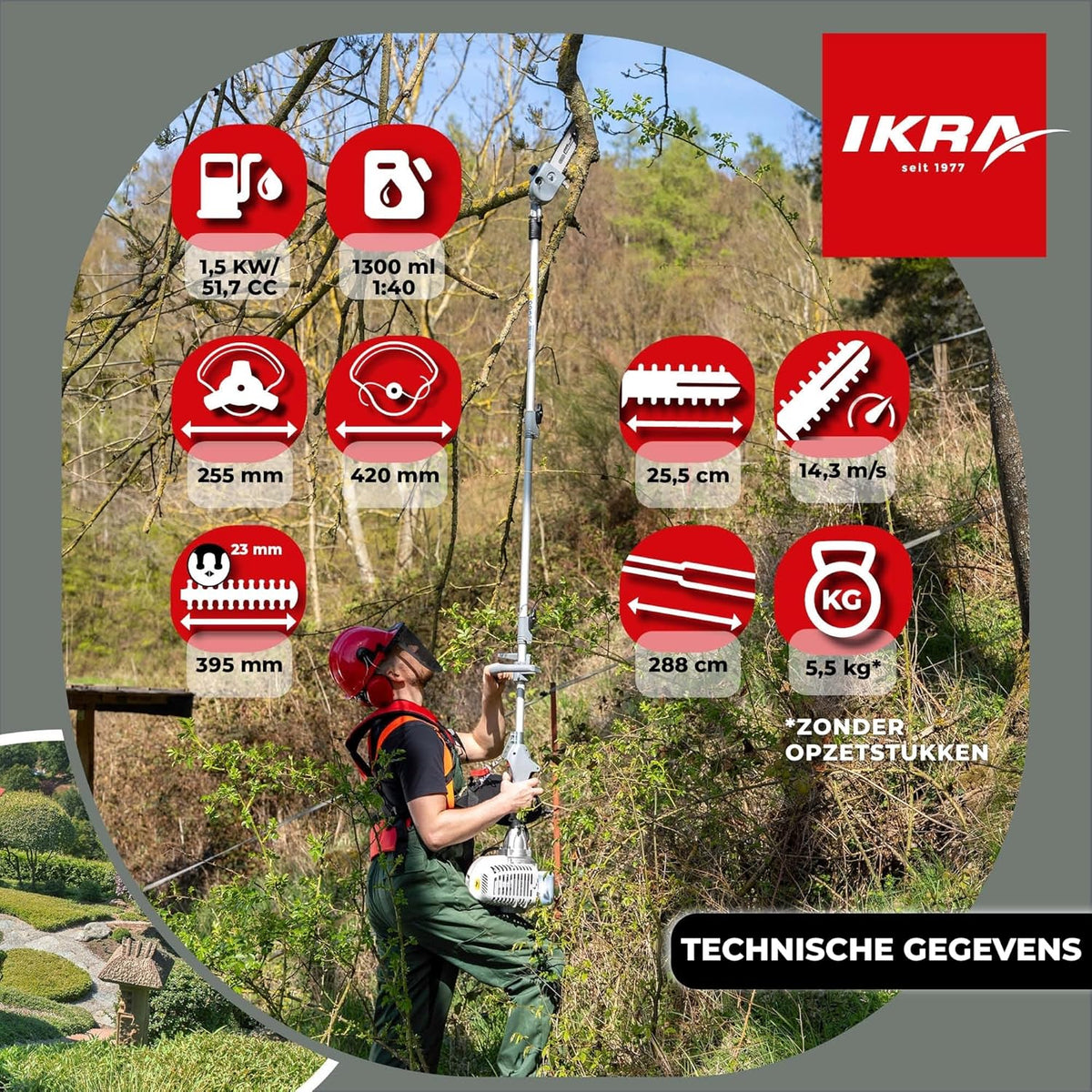 IKRA Benzine multifunctioneel tuingereedschap Multitool IBKH 52-1 4in1: bosmaaier, gazontrimmer, heggenschaar, hoogsnoeier 51,7cm³ 1,5kW