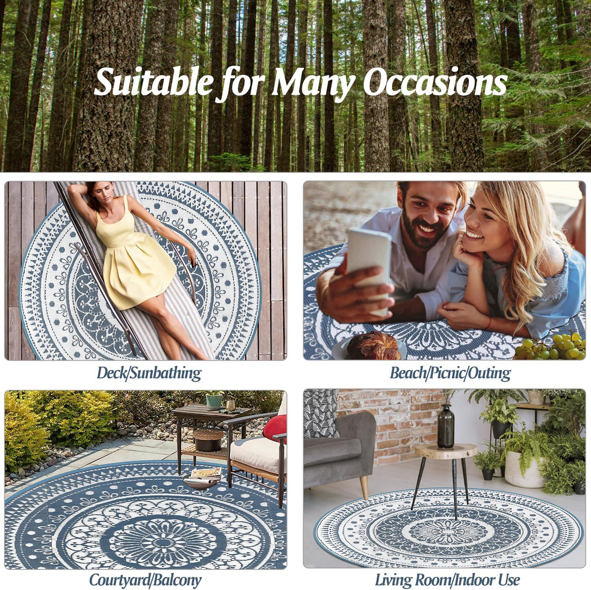 Cekene Extra Grote Outdoor Tapijt Ronde 300Cm Blauw Waterdicht Omkeerbaar Tuin Tapijt Plastic Gemakkelijk Schoon Gebied Vloermat Voor Buiten Patio Tuin RV Trailer Achtertuin Dek Picknick