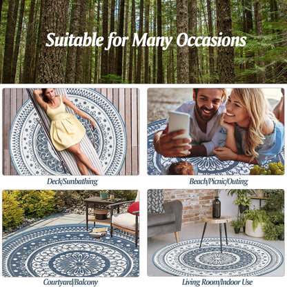 Cekene Extra Grote Outdoor Tapijt Ronde 300Cm Blauw Waterdicht Omkeerbaar Tuin Tapijt Plastic Gemakkelijk Schoon Gebied Vloermat Voor Buiten Patio Tuin RV Trailer Achtertuin Dek Picknick