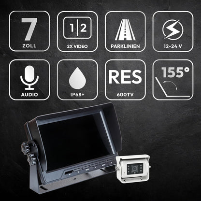 VSG24 24121 - 7" Premium achteruitrijvideosysteem voor campers & auto's, camera set incl. 20m kabel, nachtzicht, 120° hoek, 12-24 V, IP68 - Zwart