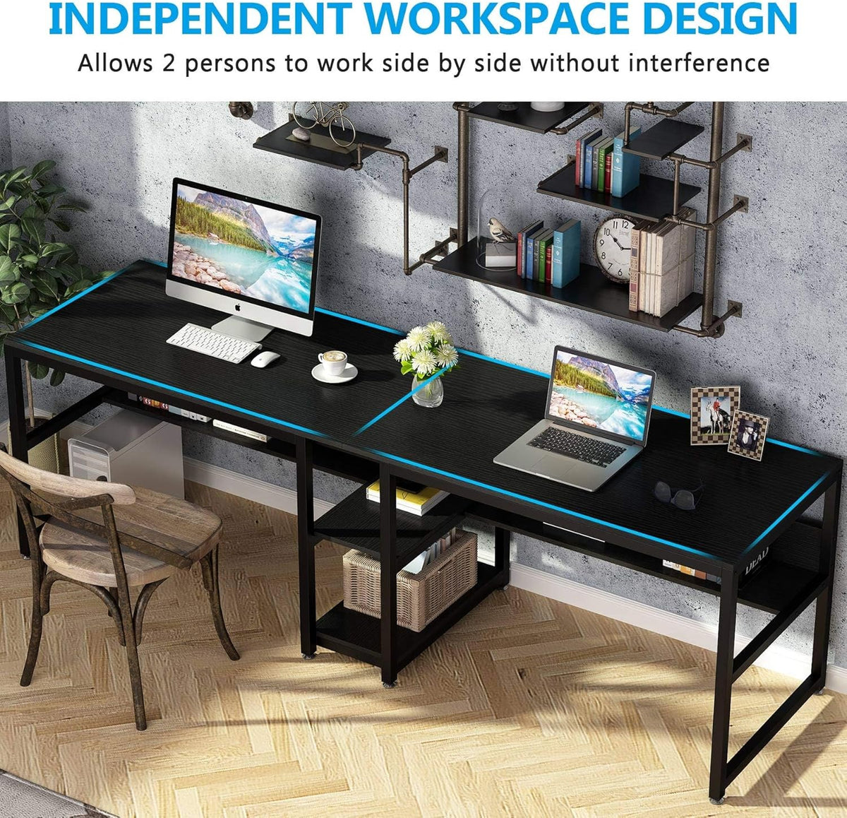 Tribesigns Double Desk with Bookshelf, 31" Computer Office Double Desk for Two People, Rustic Writing Desk Workstation with Shelf for Home Office (Black)