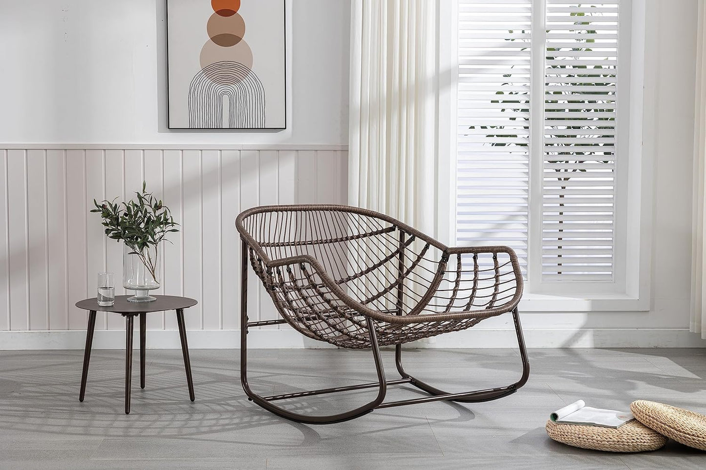 Rattan Schommelstoel – Schommelstoel Tuinstoel Rocking Chair Draaistoel Balkonstoel – Handgeweven Synthetisch Rattan – Stevig Stalen Frame – Inclusief Zacht Kussen – Weerbestendig Grijs