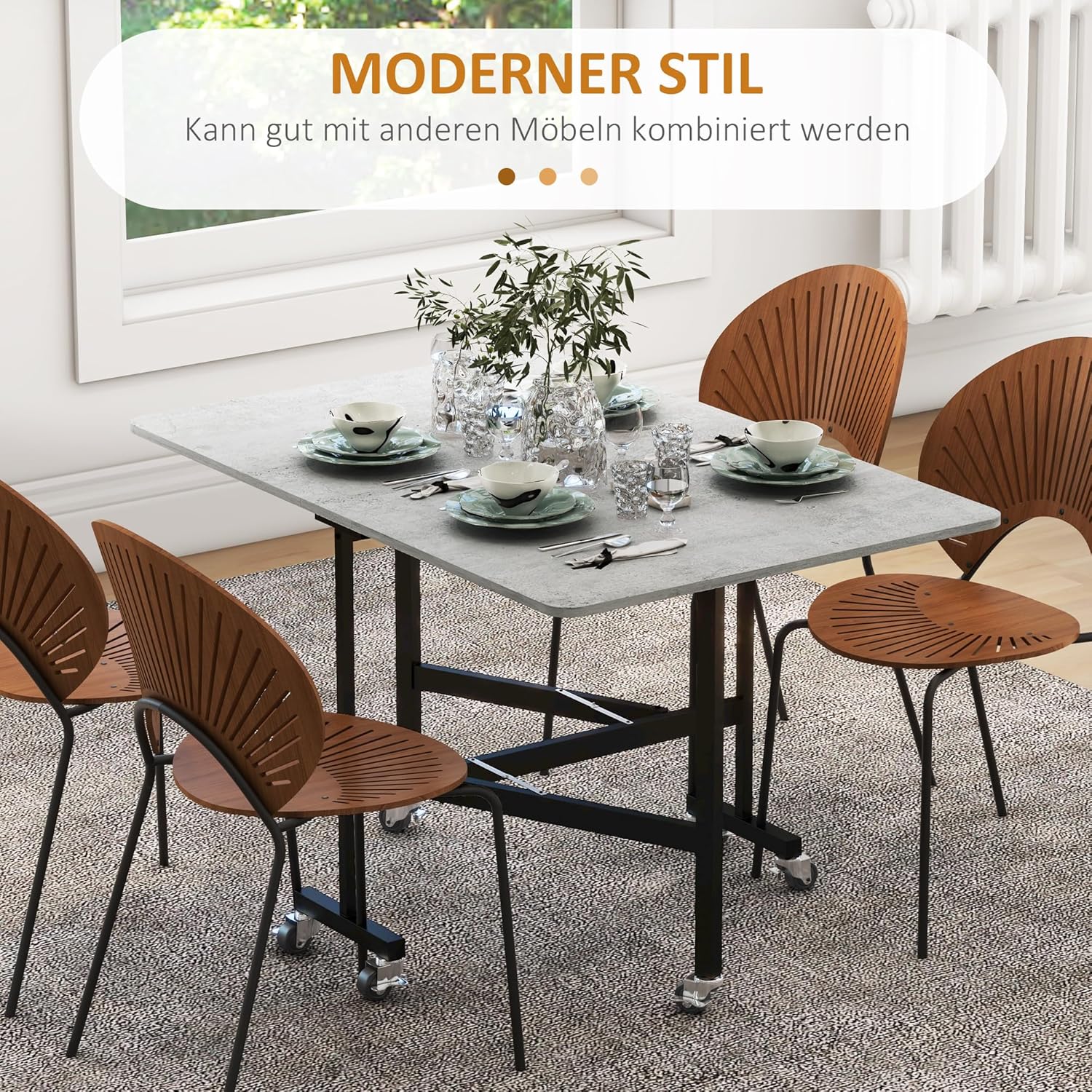 HOMCOM Esstisch, Klappbarer Küchentisch mit Rollen, Stahlbeine, Klapptisch für 4-6 Persons, Esszimmertisch für kleine Räume, Küche, Esszimmer, 120 x 80 x 73 cm, Grau - QUORE