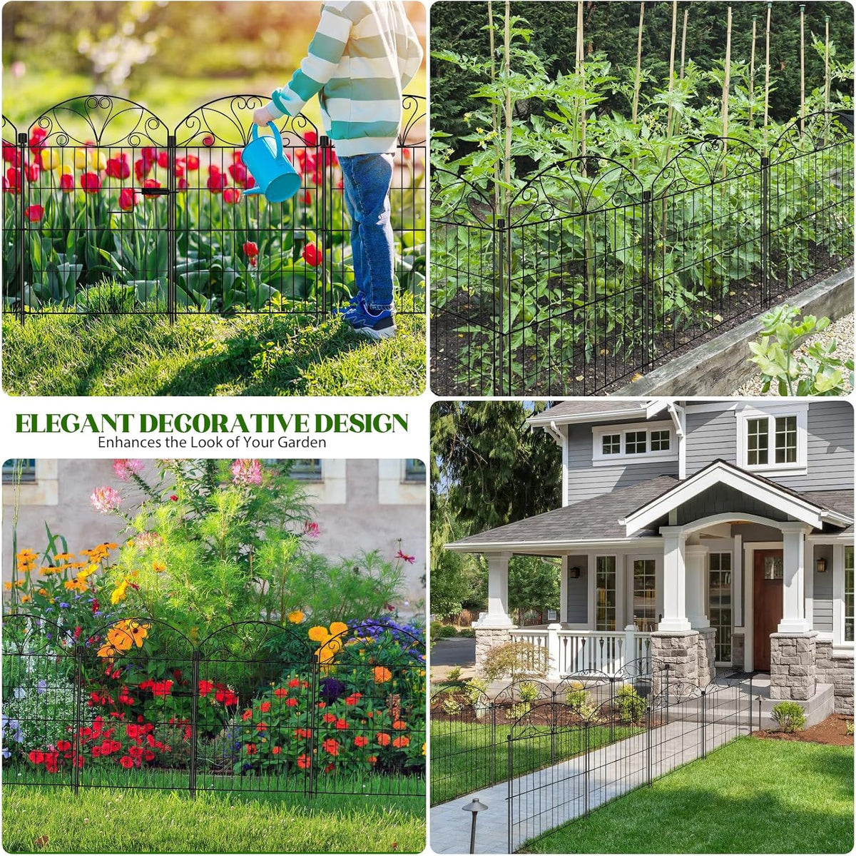 Metalen tuinomheiningspanelen set van 12 met poort, maximale lengte 678 cm, decoratieve roestbestendige tuinomheining, 80 x 56,5 cm panelen met 13 grondpalen voor gazon, bloembedden en huisdieren