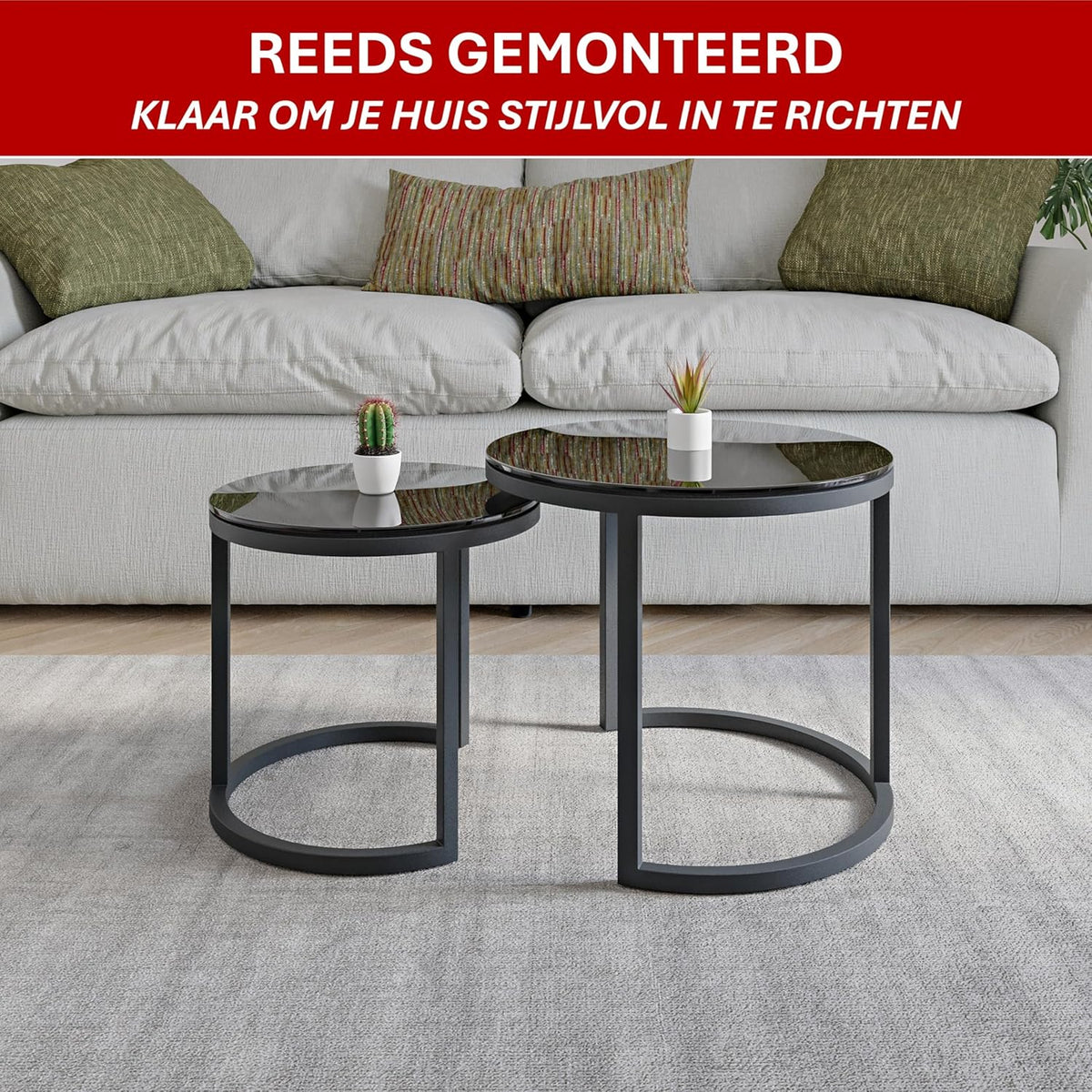 Modena, Set van 2 Salontafels van Gehard Glas en Staal, Handgemaakt in Europa, Bijzettafel, Koffietafel, Coffee Table, Zwart, Ronde, Ø50x43 cm / Ø40x38 cm