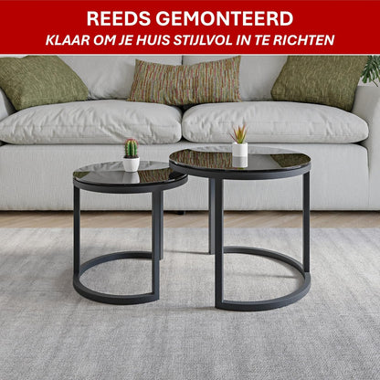 Modena, Set van 2 Salontafels van Gehard Glas en Staal, Handgemaakt in Europa, Bijzettafel, Koffietafel, Coffee Table, Zwart, Ronde, Ø50x43 cm / Ø40x38 cm