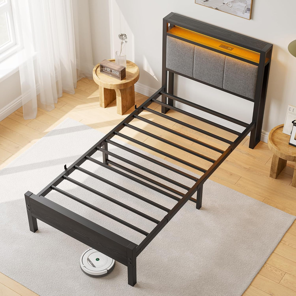Bedframe met laadstation, robuust metaal, met opberghoofdeinde van houten stof, bijzetbed, kinderbed, eenpersoonsbed, metaal, met lattenframe, 90 x 200 cm,