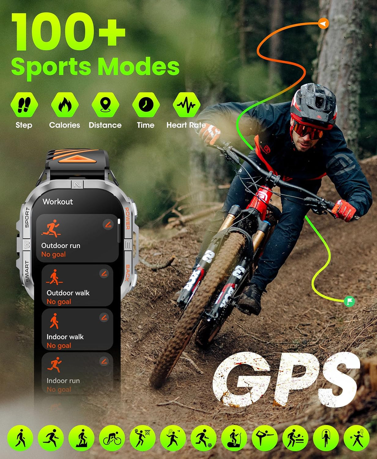 Militair smartwatch voor heren, robuust GPS-horloge met LED-zaklampkompas, 2,15 inch AMOLED slimme horloges (oproepen beantwoorden/bellen), 3ATM waterdichte fitnesstracker met hartslag/slaap voor