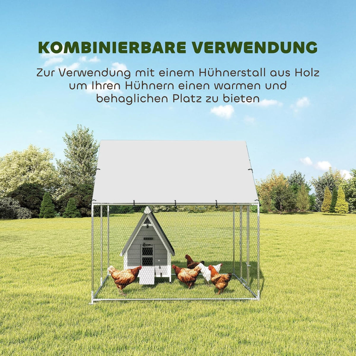 PawHut chicken coop 2x2x2m with access, galvanised steel, weatherproof UV roof, lockable door, chicken coop for rabbits, ducks, geese, silver - QUORE