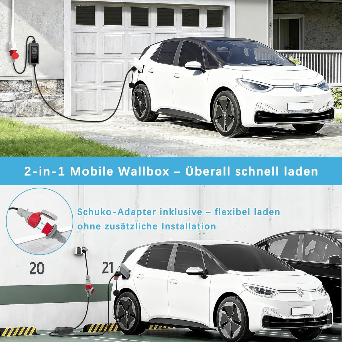 Mobile Wallbox 11 kW type 2 oplaadkabel met instelbaar laadvermogen [6,9 m | 3-fasen | 8-16A IP67], CEE 16A, EV oplader voor model Y/3 ID.3/4/5 MG4 EX30 e-up