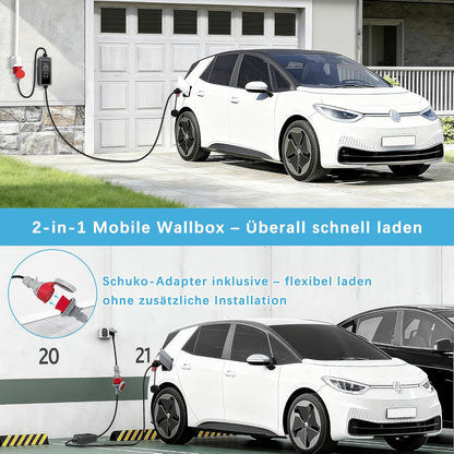 Mobile Wallbox 11 kW type 2 oplaadkabel met instelbaar laadvermogen [6,9 m | 3-fasen | 8-16A IP67], CEE 16A, EV oplader voor model Y/3 ID.3/4/5 MG4 EX30 e-up