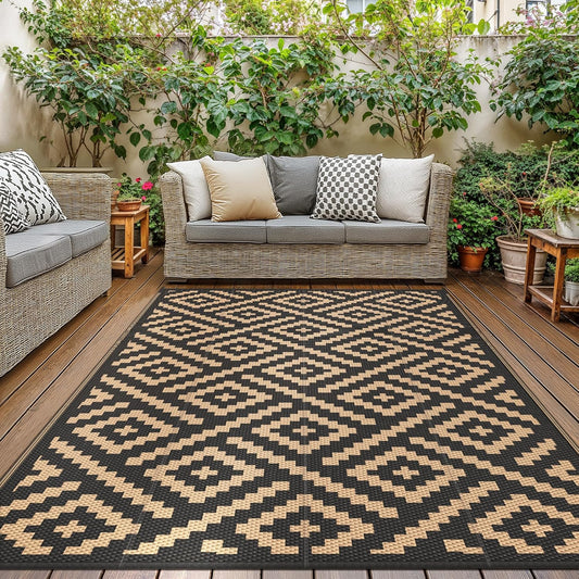 GENIMO Tapijten Voor Buiten Waterdicht Omkeerbaar Tapijt Camper, Balkon, Patio, Terras, 275x550cm, Ruit Zwart en Bruin