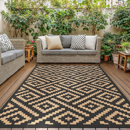 GENIMO Tapijten Voor Buiten Waterdicht Omkeerbaar Tapijt Camper, Balkon, Patio, Terras, 275x550cm, Ruit Zwart en Bruin