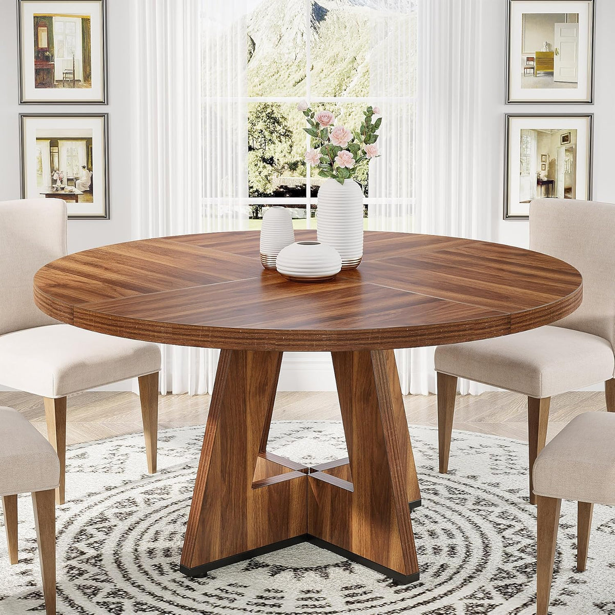Tribesigns Round Dining Table 120cm, Kitchen Table Aesthetics for 4 People, Rustic Brown Wooden Top and Legs, Dining Room & Kitchen Table (Colour) - QUORE