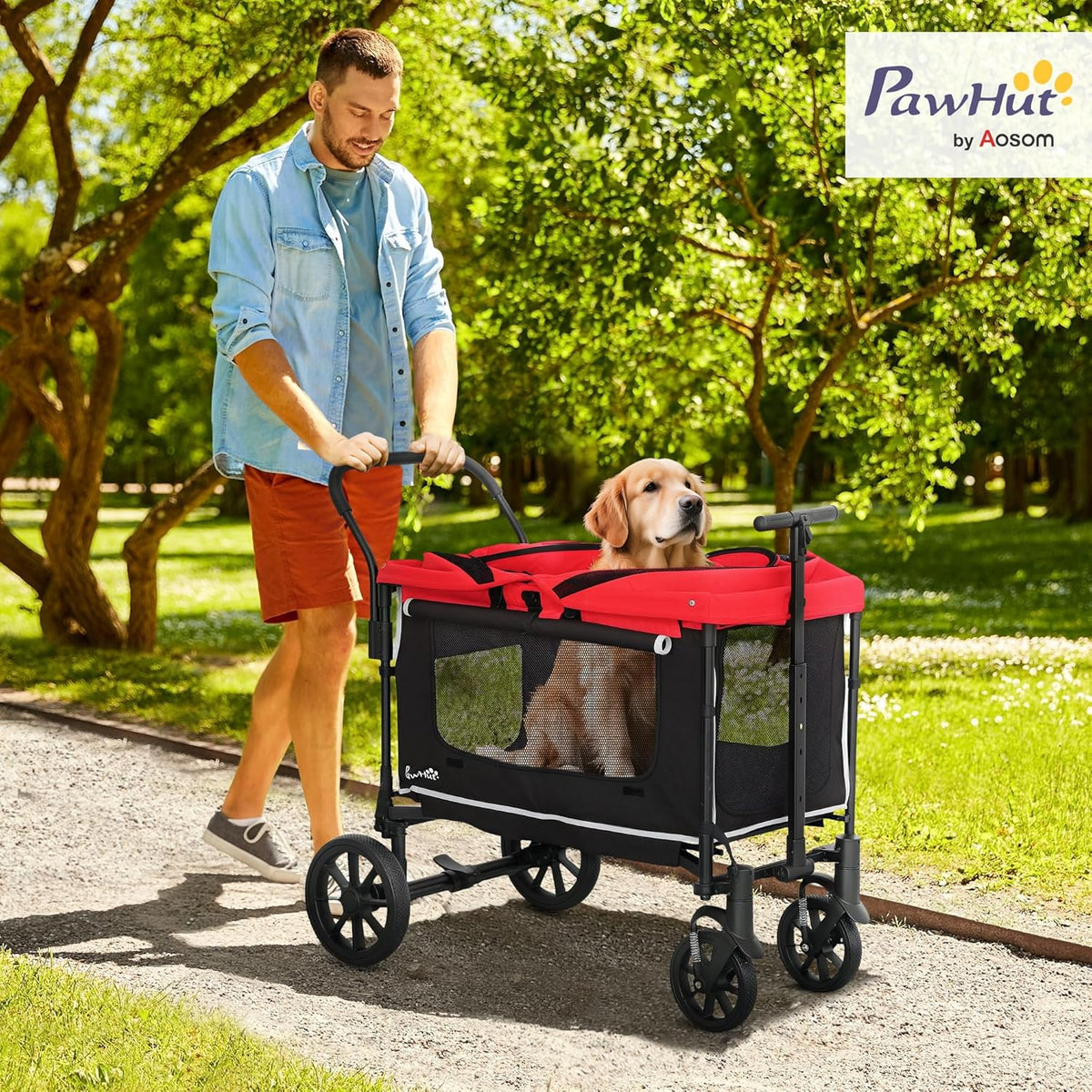 PawHut 2-in-1 hondenwagen, hondenbuggy, inklapbaar, voor honden en katten tot 30 kg, bolderkar met kussen, netvenster, 2 deuren, opbergtas, kattenwagen, buggy, rood