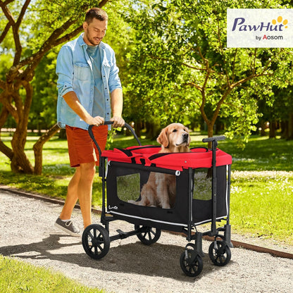PawHut 2-in-1 hondenwagen, hondenbuggy, inklapbaar, voor honden en katten tot 30 kg, bolderkar met kussen, netvenster, 2 deuren, opbergtas, kattenwagen, buggy, rood